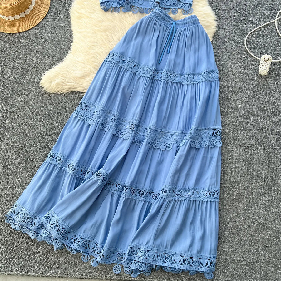 Luxury Long Dresses 2 Piece Sets Women Summer Holiday Hollow Out Crop Tops Elastic Waist Maxi Skirts Suits A Line Party Vestidos