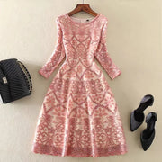 Dress Women 3/4 Sleeve 3D Gold Flower Embroidery Elegant Midi High Quality