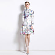 High Quality Support Long Sleeve Flower Print Belted Knee Length Dresses