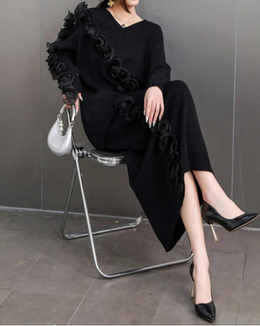 Black Elegant Casual Set Loose Knitted Sweater+Long Skirt High Quality