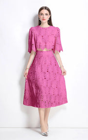 Elegant two-piece set, round neck, hollow-out crop top, high-quality high-waist skirt