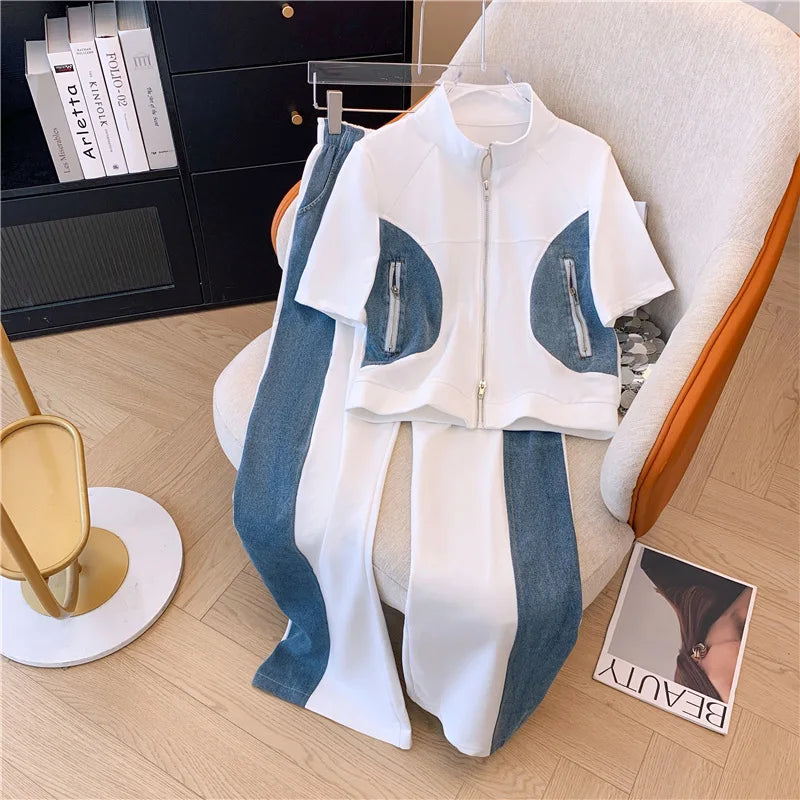 2024 Summer New Stitched Zipper T-shirt top Female Set Elegant Women's Jeans Casual Blouse Two Piece Set Ladies Tracksuits big