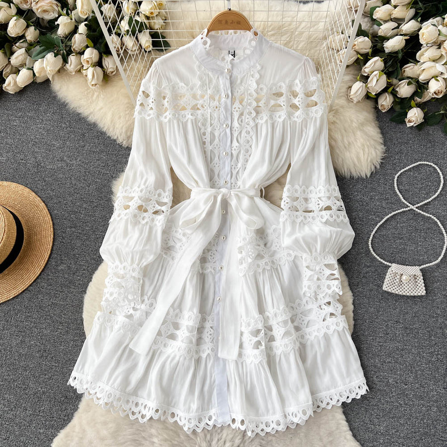 High Quality Black and White Long Lantern Sleeve Mini Dress White / M High Quality Black and White Long Lantern Sleeve Mini Dress White / M