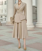 Quality Irregular Belted Jacket+Pleated Skirt 2 Piece Set