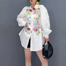 High quality elegant 3D flower printed lantern sleeves white shirt