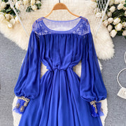 High Quality Various Colors Lantern Sleeve O Neck Maxi Embroidered Dress