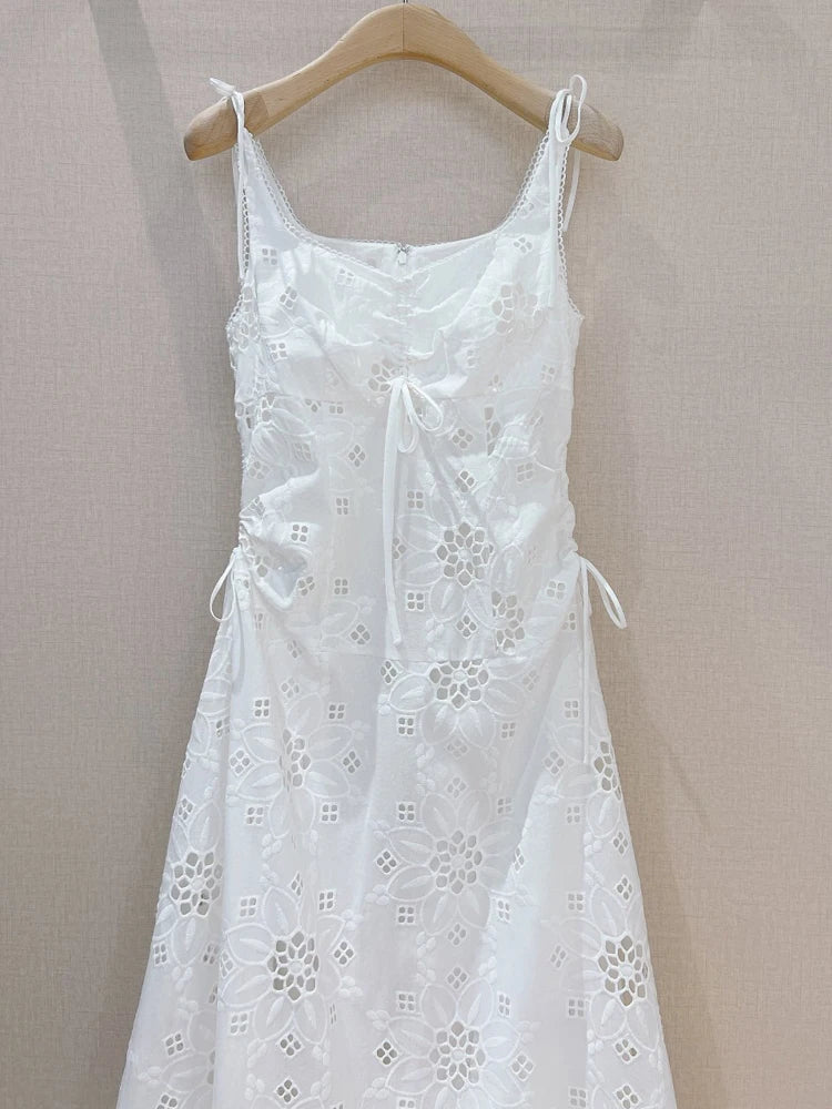 Elegant spaghetti strap openwork lace dress with high quality white lace