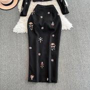 Luxury Style Two Piece Set For Women O Neck Long Sleeve Topa High Waist Skinny A Line Skirt Set Female