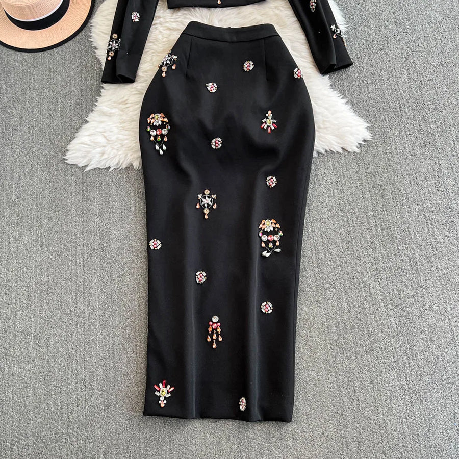 Luxury Style Two Piece Set For Women O Neck Long Sleeve Topa High Waist Skinny A Line Skirt Set Female