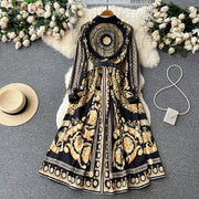 High Quality Gold Floral Print Belt Full Sleeve Single Breasted Maxi Dress