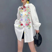 High quality elegant 3D flower printed lantern sleeves white shirt