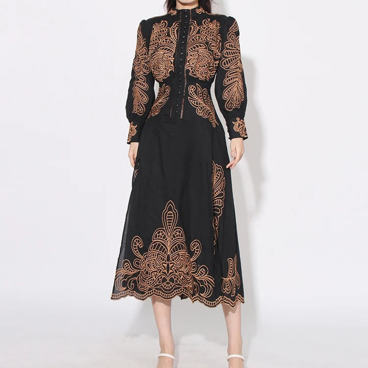 Vintage Print Long Dresses For Women Stand Collar Lantern Sleeve High Waist Tunic Colorblack Spring Folds Dress Female