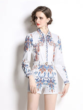 Paisley Flower Print 2 Piece Suit Stand Collar Loose Fit Shirt + Lace Trim Shorts High Quality