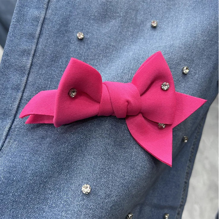 Age Reduction Female Two-piece Set Cute Bow Diamonds Beads O-neck Pullover T-shirt Top + High Waist Straight Denim Pants Suits