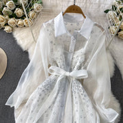 Fashion Temperament Bandage Slim Waist Dress Fairy Gauze Ruffled Long Robe Turn-down Collar Single Breasted Diamonds Vestidos