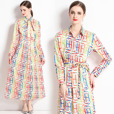 Yellow Shirt Dress with Letters Lapel Neck Long Sleeves and High Quality Belt