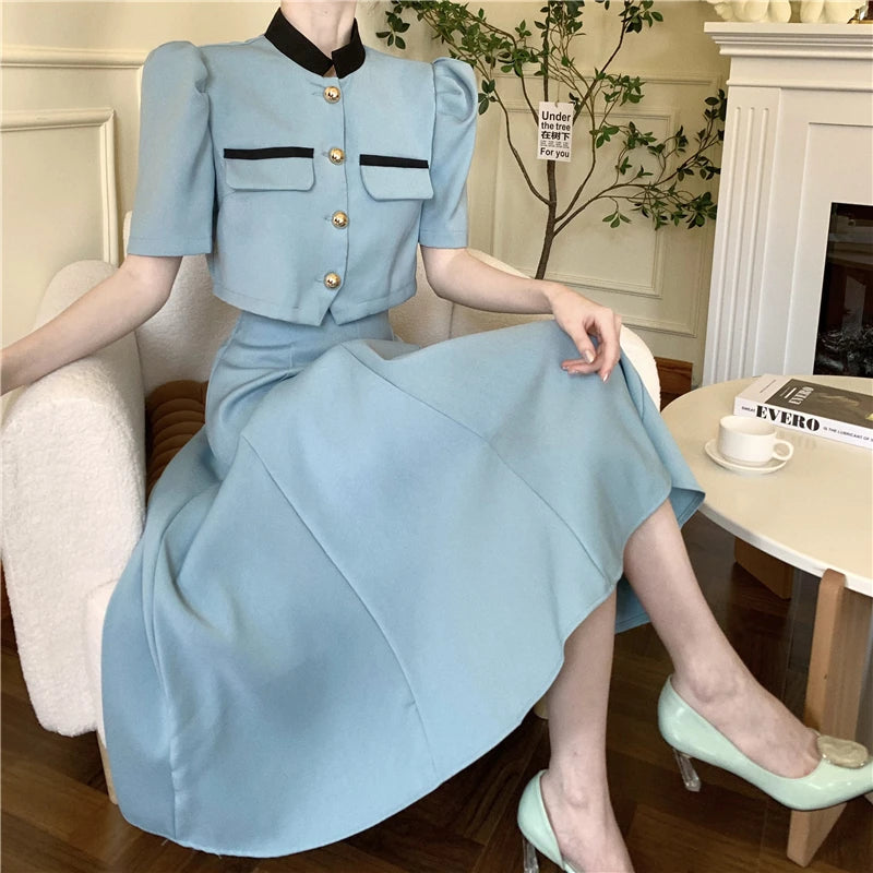 Two Piece Sets Womens Outifits Puff Sleeve Korean Fashion Elegant Summer Sweet Crop Top High Waist  A-Line Long Skirt Office