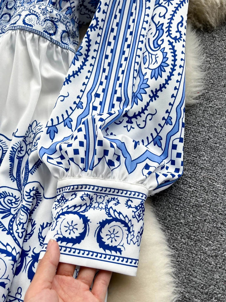 Palace Style Long Dress Women V-neck Single Breasted Bubble Sleeve Party Dresses Ladies Vintage Printed Spring Autumn Long Robe