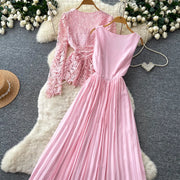 Lace Ruffle Camis Midi Dress Two Pieces Sets V Neck Top  Vintage   Tulle Pleated  Skirt   High Waist A-line Skirt Fall Sets