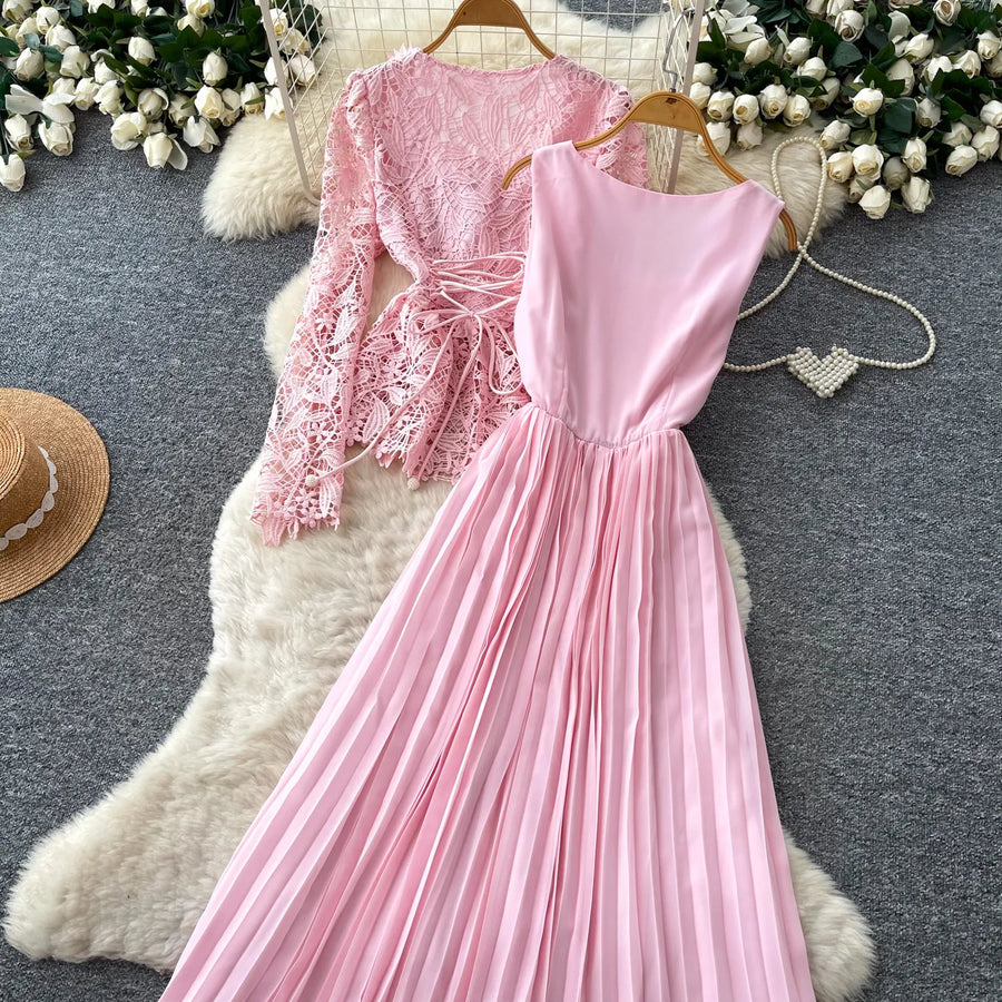 Lace Ruffle Camis Midi Dress Two Pieces Sets V Neck Top  Vintage   Tulle Pleated  Skirt   High Waist A-line Skirt Fall Sets