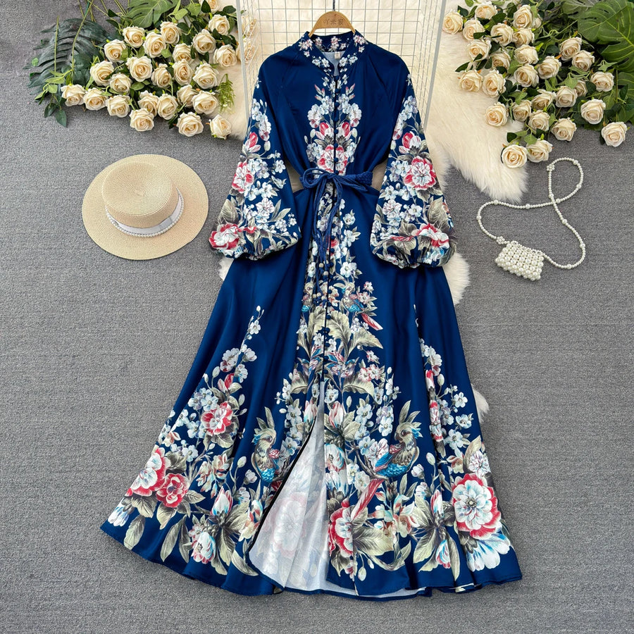 Elegant long-sleeved high-neck and flared-sleeve A-line dress with high-quality belt Blue / XXL Elegant long-sleeved high-neck and flared-sleeve A-line dress with high-quality belt Blue / XXL