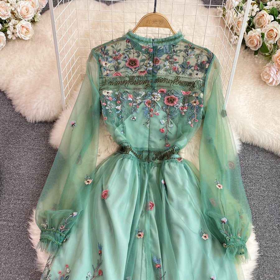 Temperament Flower Letter Embroidery Dress Long Sleeve Mesh Lace Ruffles High Quality