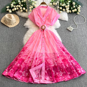 Summer Women Printed Long Dress Beach Vacation Notched Collar Single Breasted Short Sleeve A-Line Maxi Vestidos Female Robe