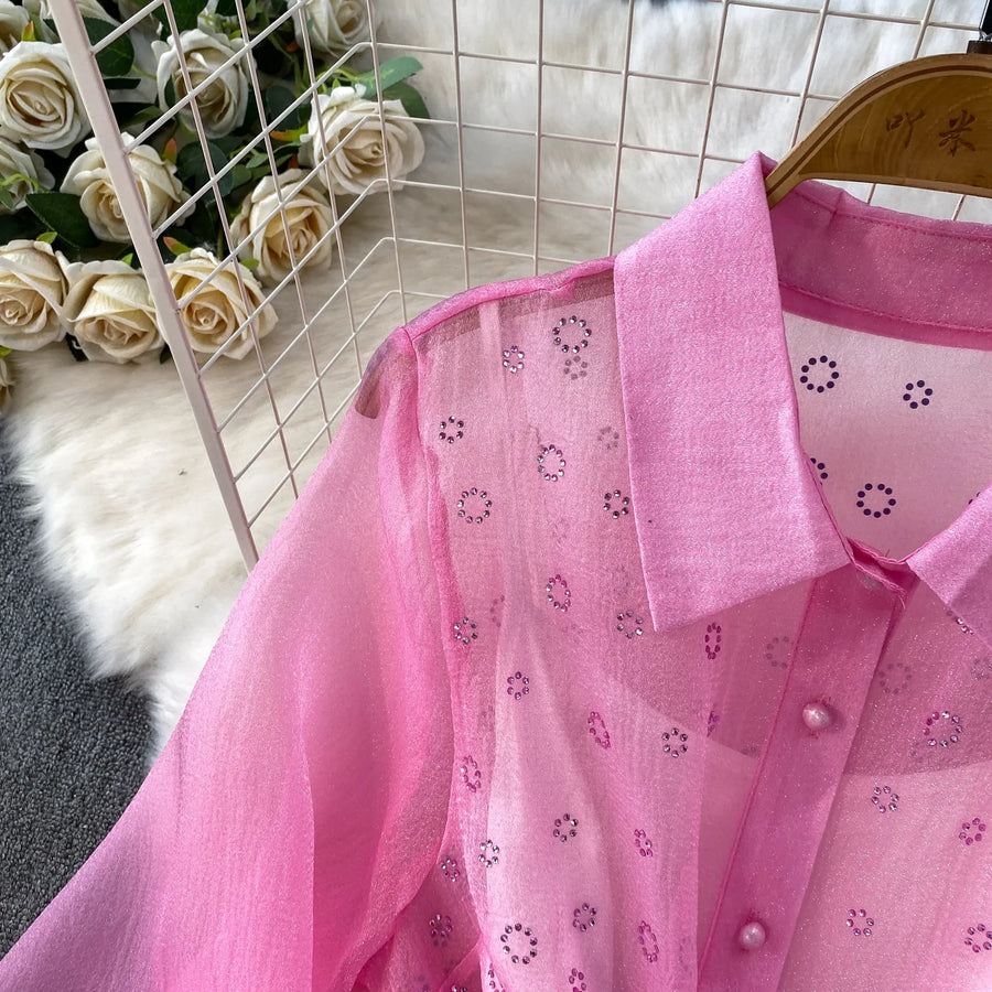 Fashion Temperament Bandage Slim Waist Dress Fairy Gauze Ruffled Long Robe Turn-down Collar Single Breasted Diamonds Vestidos