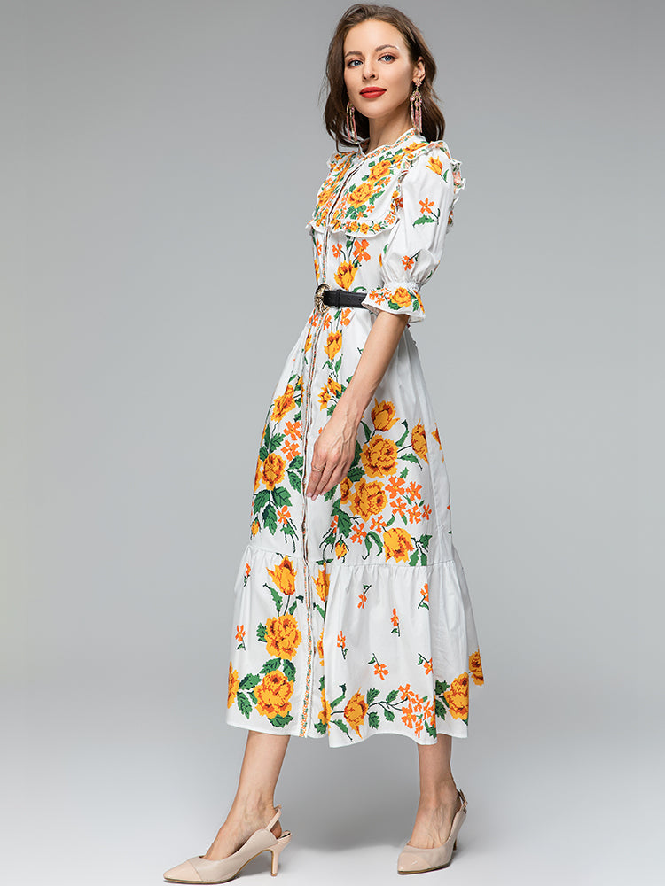 Floral three-quarter sleeve midi dress with high quality belt