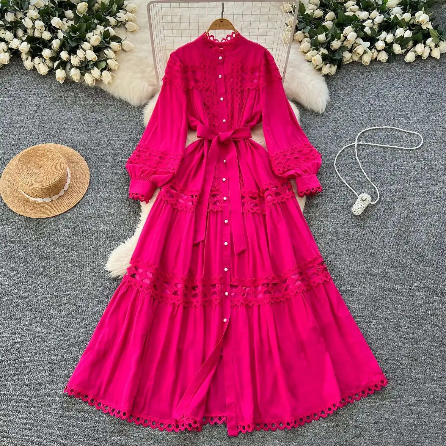 Elegant retro style slit maxi dress with pearl buttons and high-quality crochet embroidery