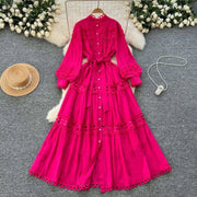 Elegant retro style slit maxi dress with pearl buttons and high-quality crochet embroidery