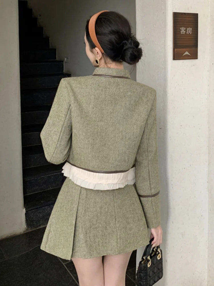 High Quality Fall Winter French Vintage Two Piece Set For Women Jacket Coat + Skirt 2 Piece Suits Conjuntos Femininos Elegantes