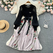 High Quality Flower Print Knitted Mesh Stitching Lantern Sleeve Pleated Dress