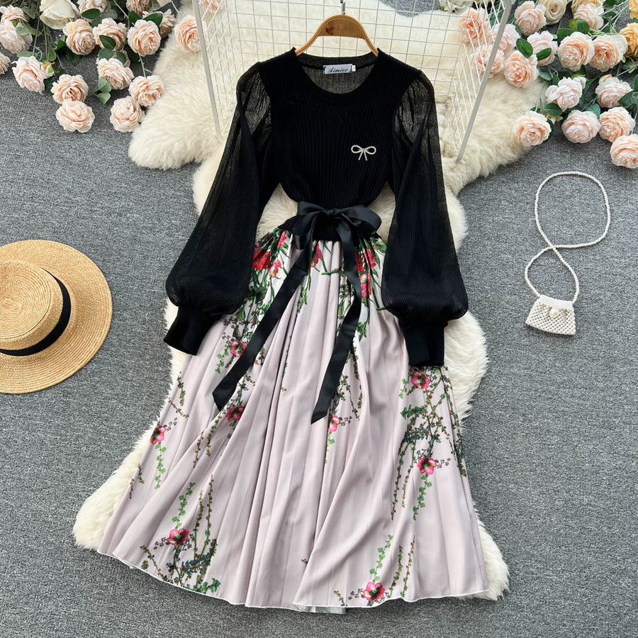 High Quality Flower Print Knitted Mesh Stitching Lantern Sleeve Pleated Dress