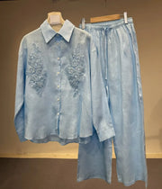 Spring Summer Women Embroidered Linen Sets Loose Fit Long Sleeve Shirt Outfits Elastic Waist Wide Leg Floor Pants Two Piece Set