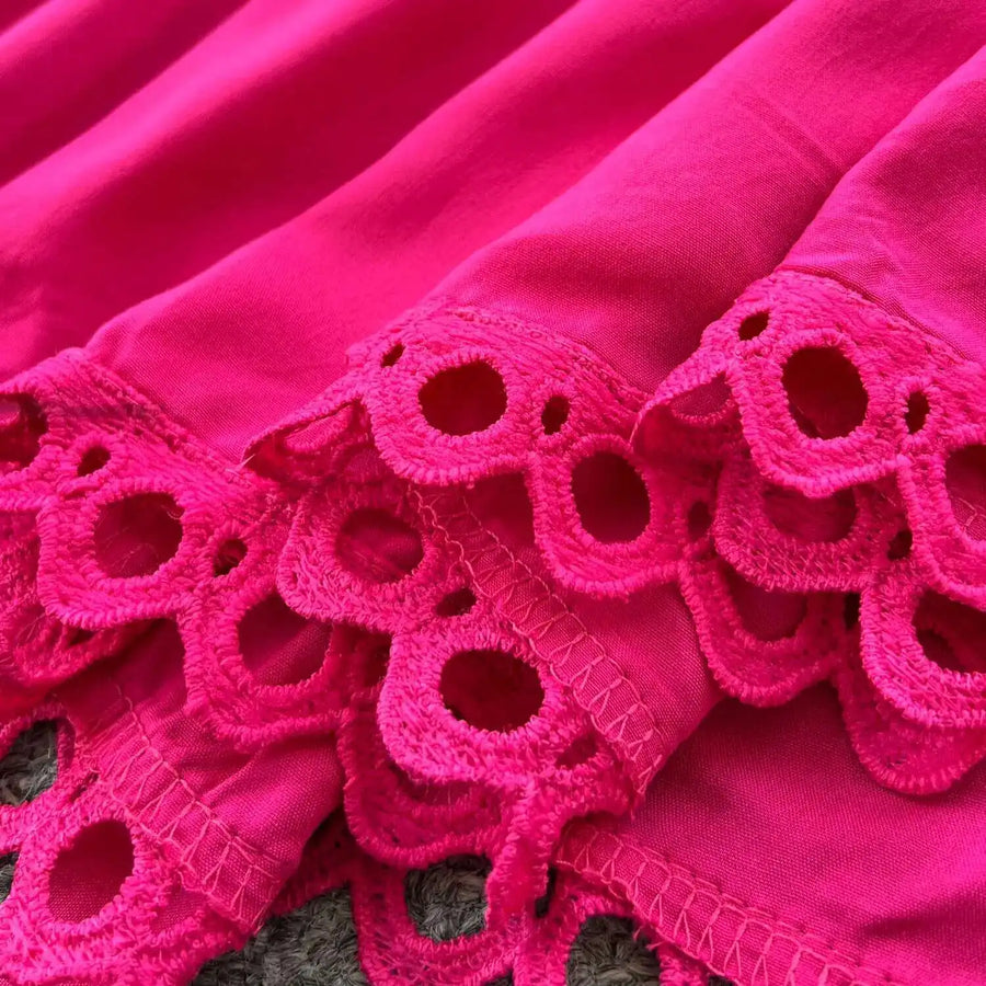Elegant retro style slit maxi dress with pearl buttons and high-quality crochet embroidery
