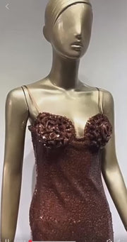 Elegant Sexy Sleeveless Backless Flower Mesh Sequin Brown Shiny Bodycon Long Dress