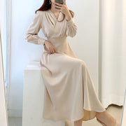 High Quality V Neck Long Midi Dress Luxury Elegant Solid High Waist Dress