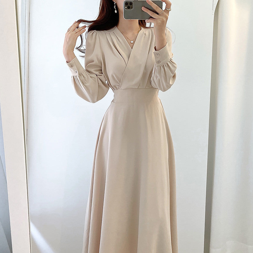 High Quality V Neck Long Midi Dress Luxury Elegant Solid High Waist Dress