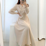 High Quality V Neck Long Midi Dress Luxury Elegant Solid High Waist Dress