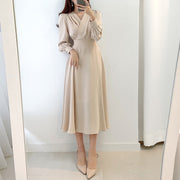 High Quality V Neck Long Midi Dress Luxury Elegant Solid High Waist Dress