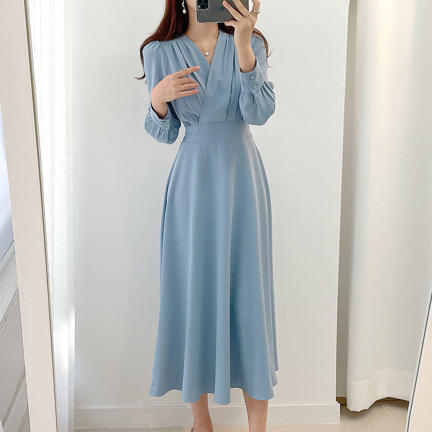 High Quality V Neck Long Midi Dress Luxury Elegant Solid High Waist Dress