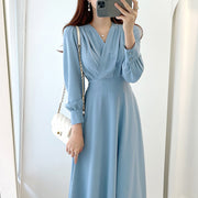 High Quality V Neck Long Midi Dress Luxury Elegant Solid High Waist Dress