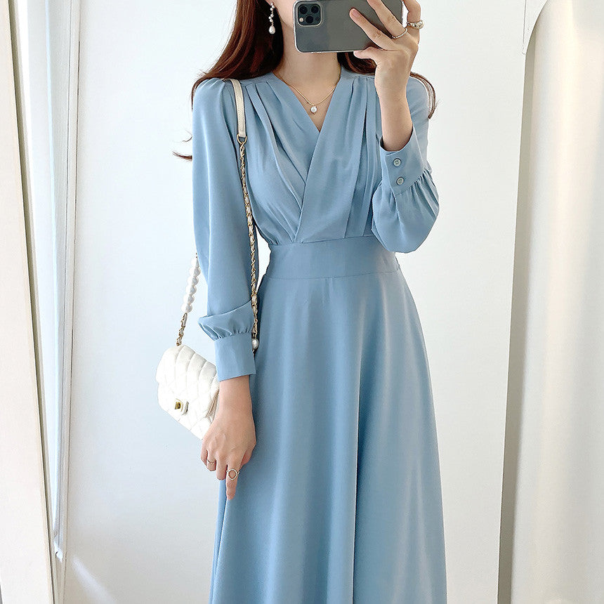 High Quality V Neck Long Midi Dress Luxury Elegant Solid High Waist Dress