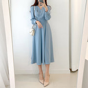 High Quality V Neck Long Midi Dress Luxury Elegant Solid High Waist Dress