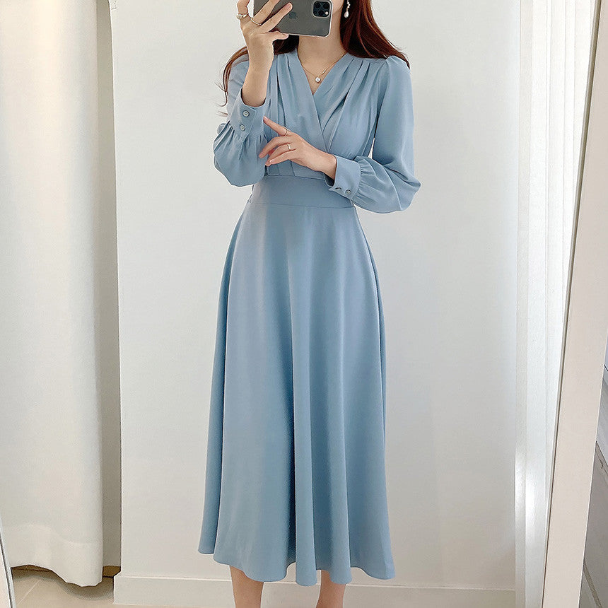 High Quality V Neck Long Midi Dress Luxury Elegant Solid High Waist Dress