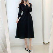 High Quality V Neck Long Midi Dress Luxury Elegant Solid High Waist Dress