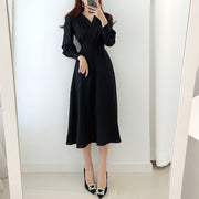 High Quality V Neck Long Midi Dress Luxury Elegant Solid High Waist Dress