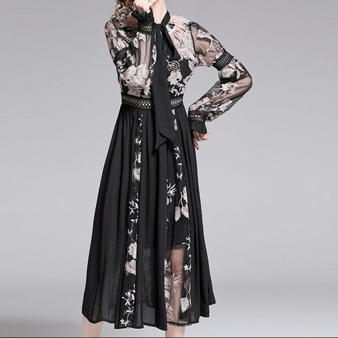 Women Luxury Embroidery Mesh Dress Festa Female Cocktail Party Robe High Quality Neck Ostrich Feather Designer Vestidos