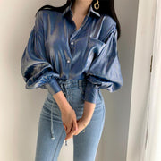 Lapel Buttons Legant Puff Sleeve Casual Blouse